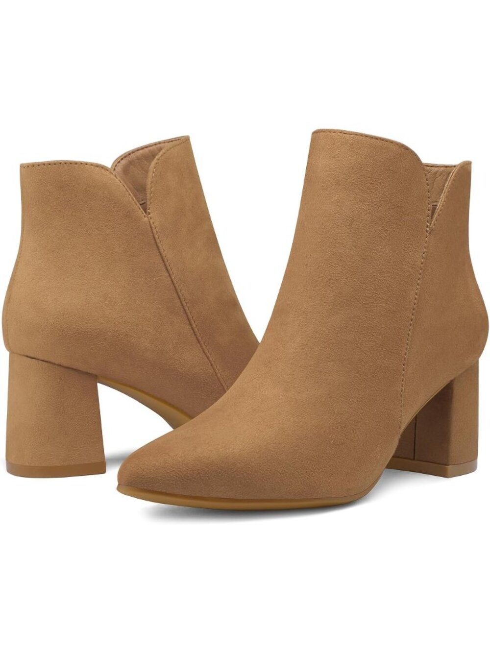 Women's Tan Suede Casual Chunky Block Heel Pointed Toe Side Zipper Ankle Boots - Picture 6 of 6